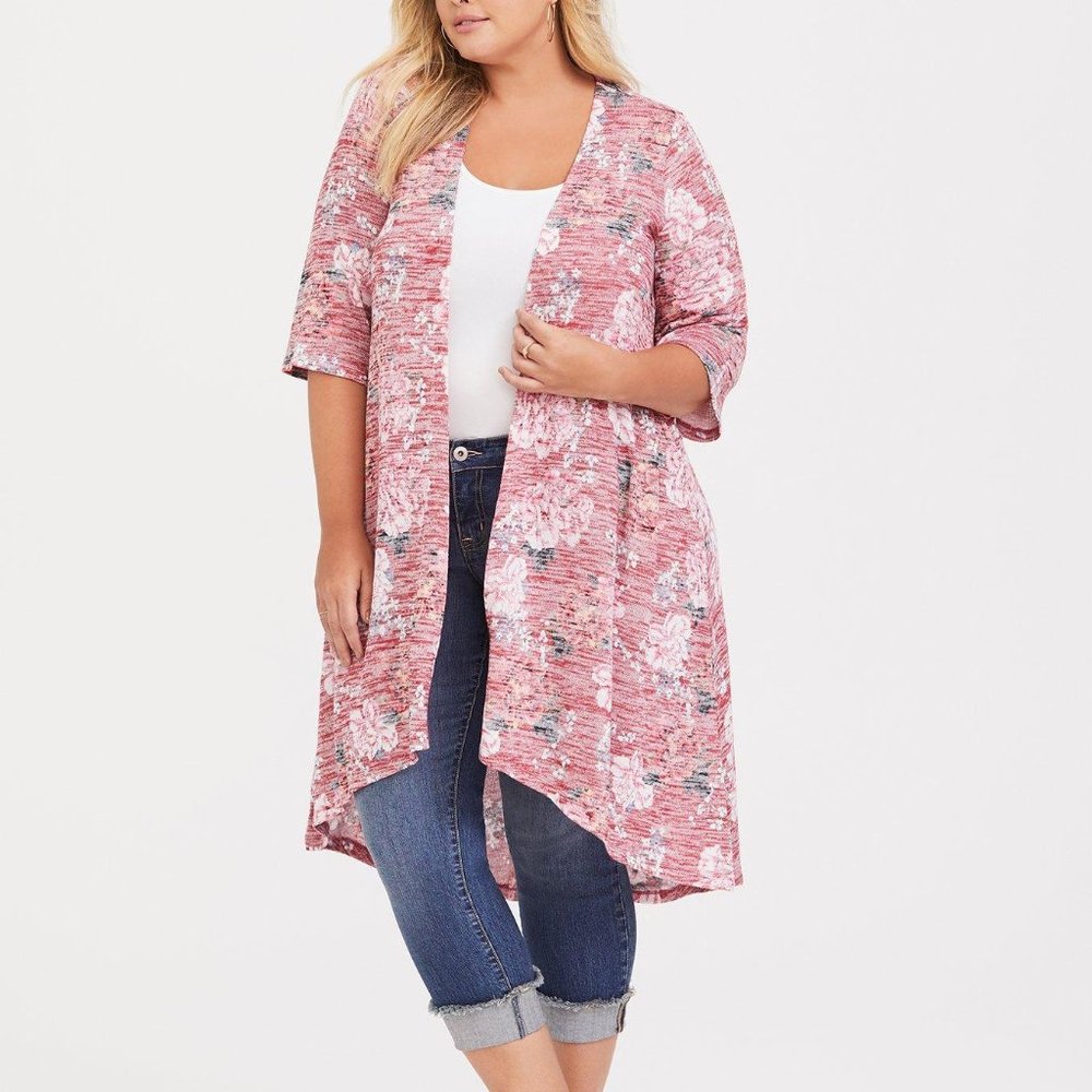 TORRID Plus Size 0 Kimono Hi Lo Duster Sweater Cardigan Rose Floral Print Womens
